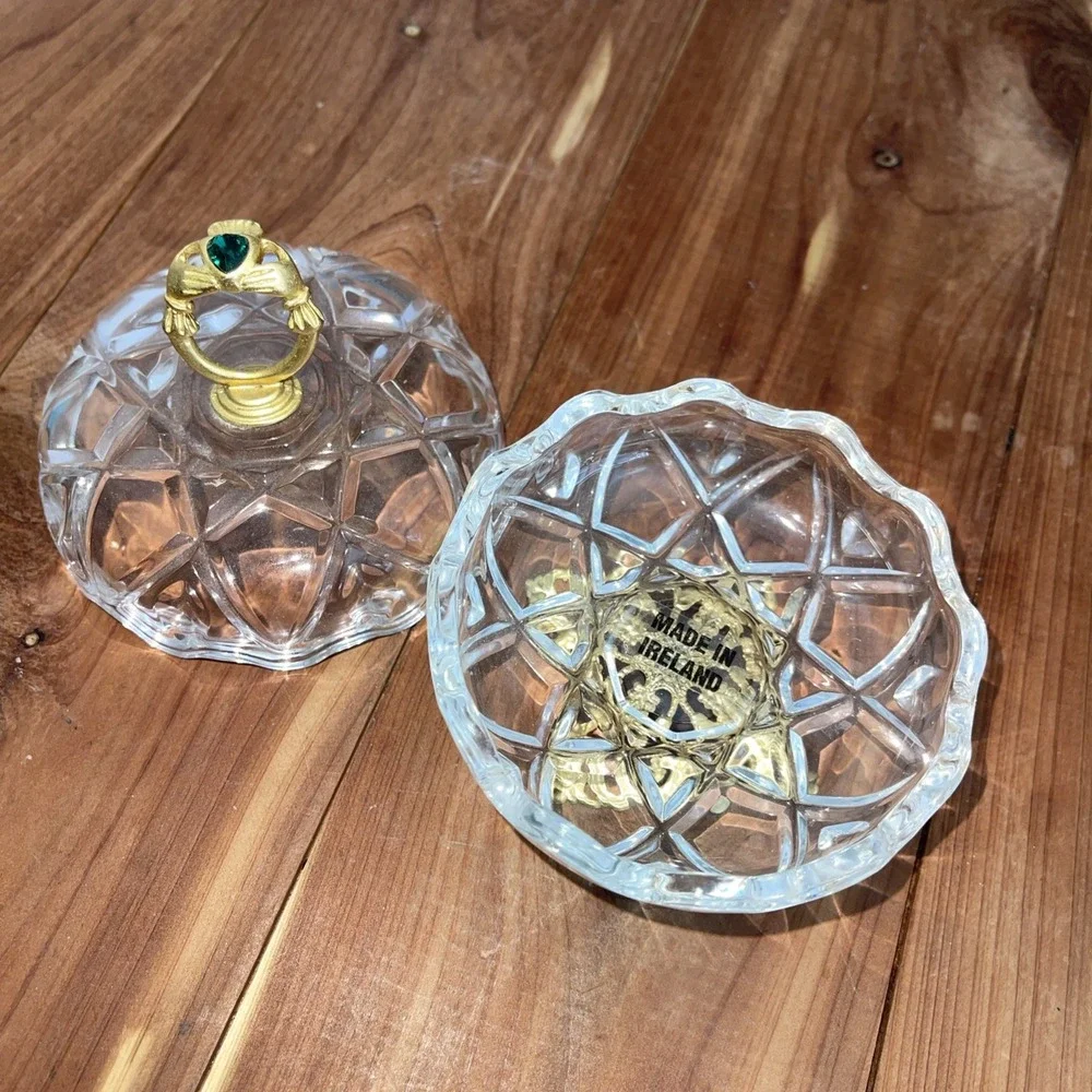 Killarney Crystal Ireland 22K Gold Trinket Dish w/Gold Heart Claddagh Ring Lid